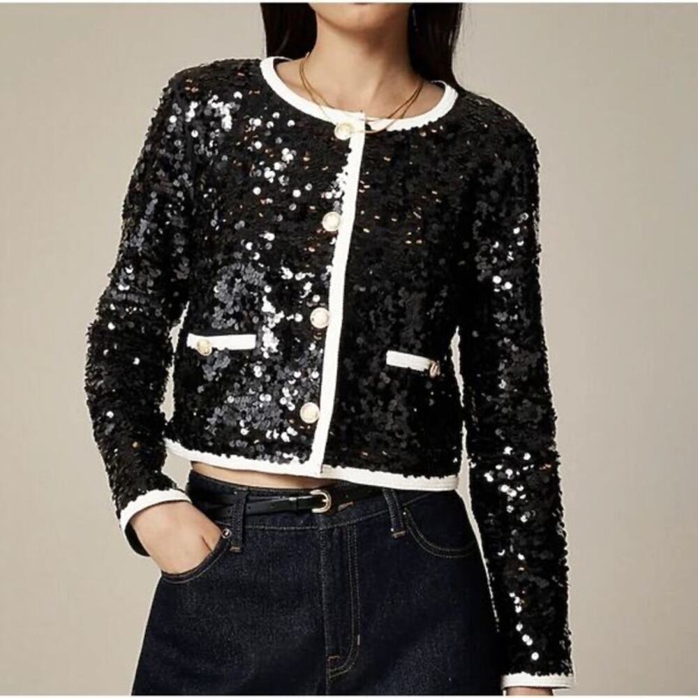 J Crew Mariner Jersey Lady Jacket NWT Women XS Black Sequin Blazer Holiday - Picture 3 of 10